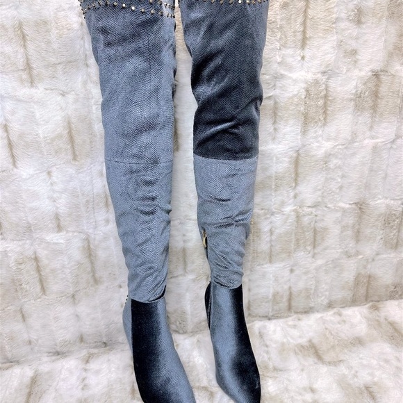 So Me Blue Studded Thigh High Pointy Toe High Heel Boots - Picture 11 of 11